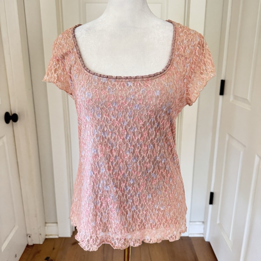 Vtg My Michelle Top Tiny Fit‎ Small Sz XL Pink Lace Blouse Sheer Romantic Y2K